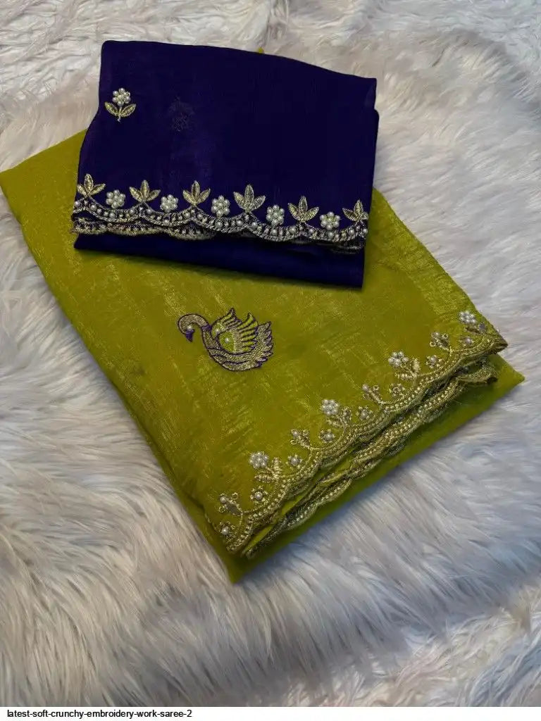 LATEST SOFT CRUNCHY EMBROIDERY WORK SAREE