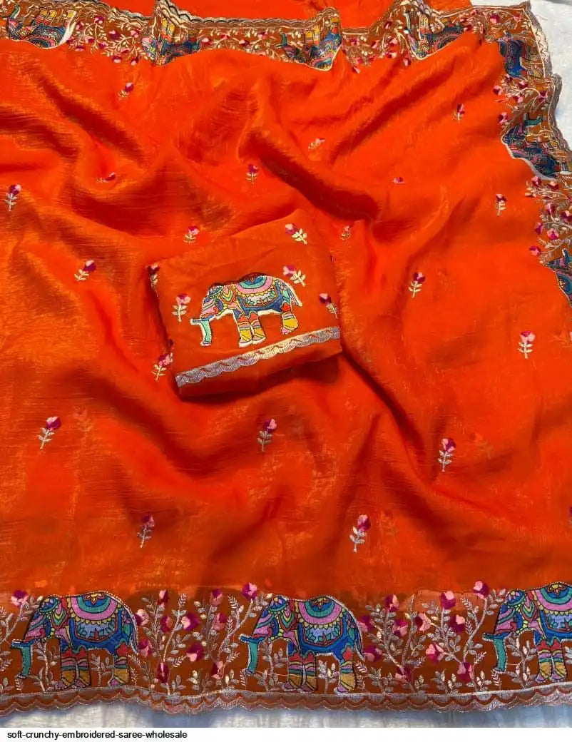 SOFT CRUNCHY EMBROIDERED SAREE WHOLESALE
