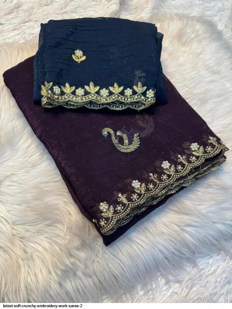 LATEST SOFT CRUNCHY EMBROIDERY WORK SAREE