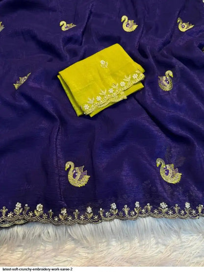 LATEST SOFT CRUNCHY EMBROIDERY WORK SAREE