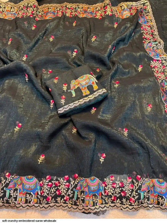 SOFT CRUNCHY EMBROIDERED SAREE WHOLESALE