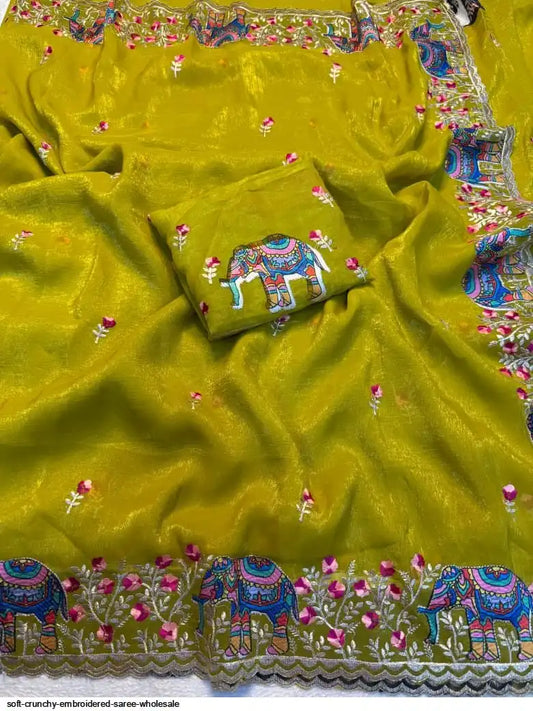 SOFT CRUNCHY EMBROIDERED SAREE WHOLESALE