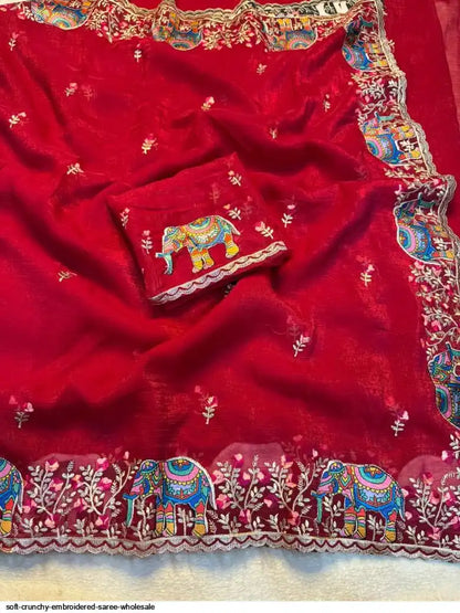 SOFT CRUNCHY EMBROIDERED SAREE WHOLESALE