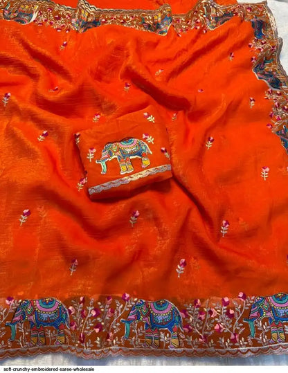 SOFT CRUNCHY EMBROIDERED SAREE WHOLESALE